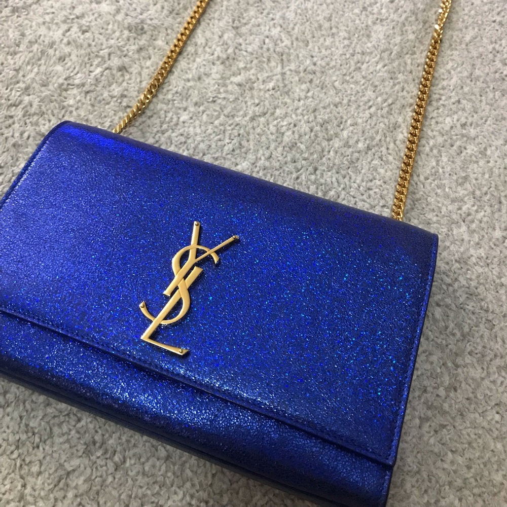 Saint Laurent Blue Satchel with Gold Chain